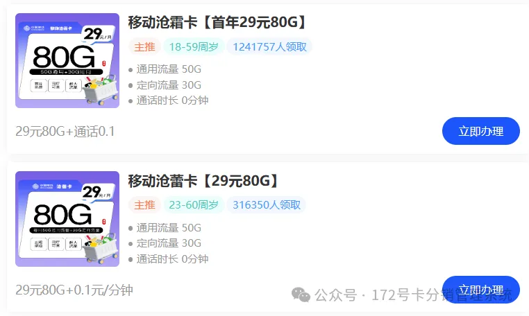 172号卡分销系统上架中国移动29元80G，新套餐来势汹汹，挑战电信联通广电，三家直呼无可奈何。